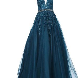 JOVANI Beautiful Plunging Neckline Embroidered Princess Ballgown